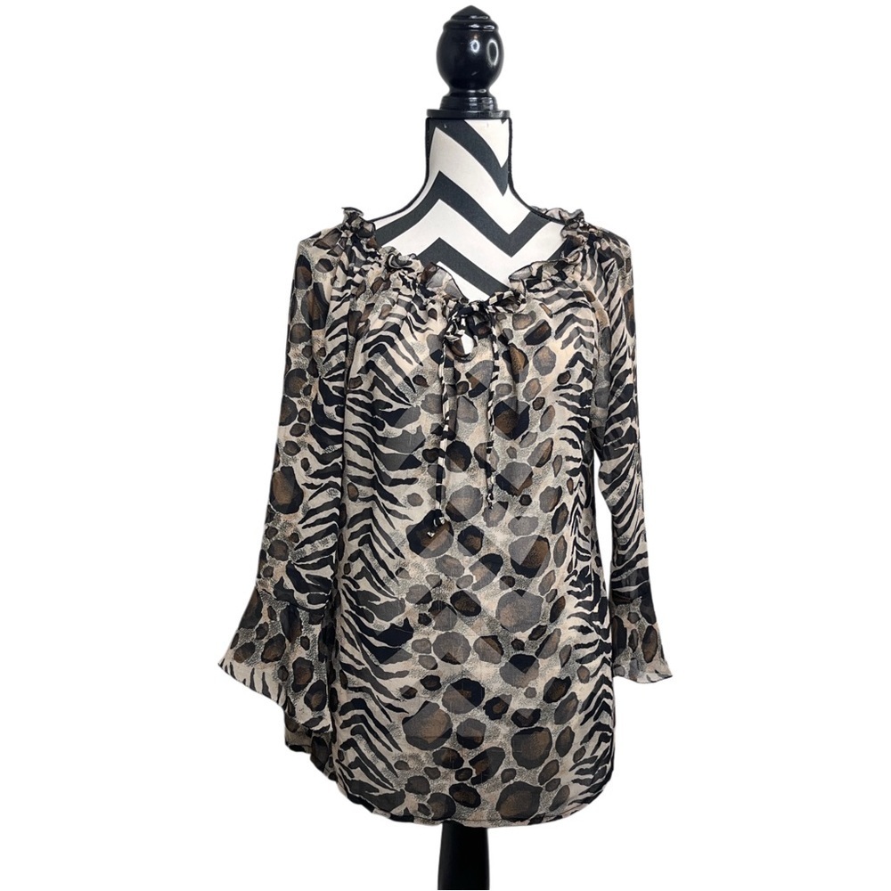 Vintage Boho Sheer Animal Print Sz M Sheer Long-Sleeve Women's Top